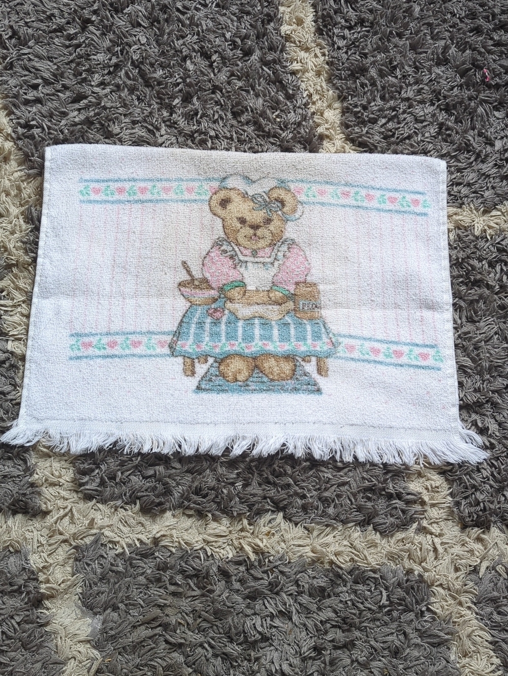 Cute Vintage Grannycore Teddy Bear Kitchen Towel Pink and Teal With Hearts